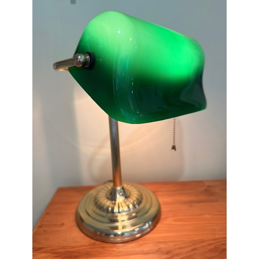 Vintage Bankers Lamp Emerald Green Glass Shade Brass Base Desk Light Good